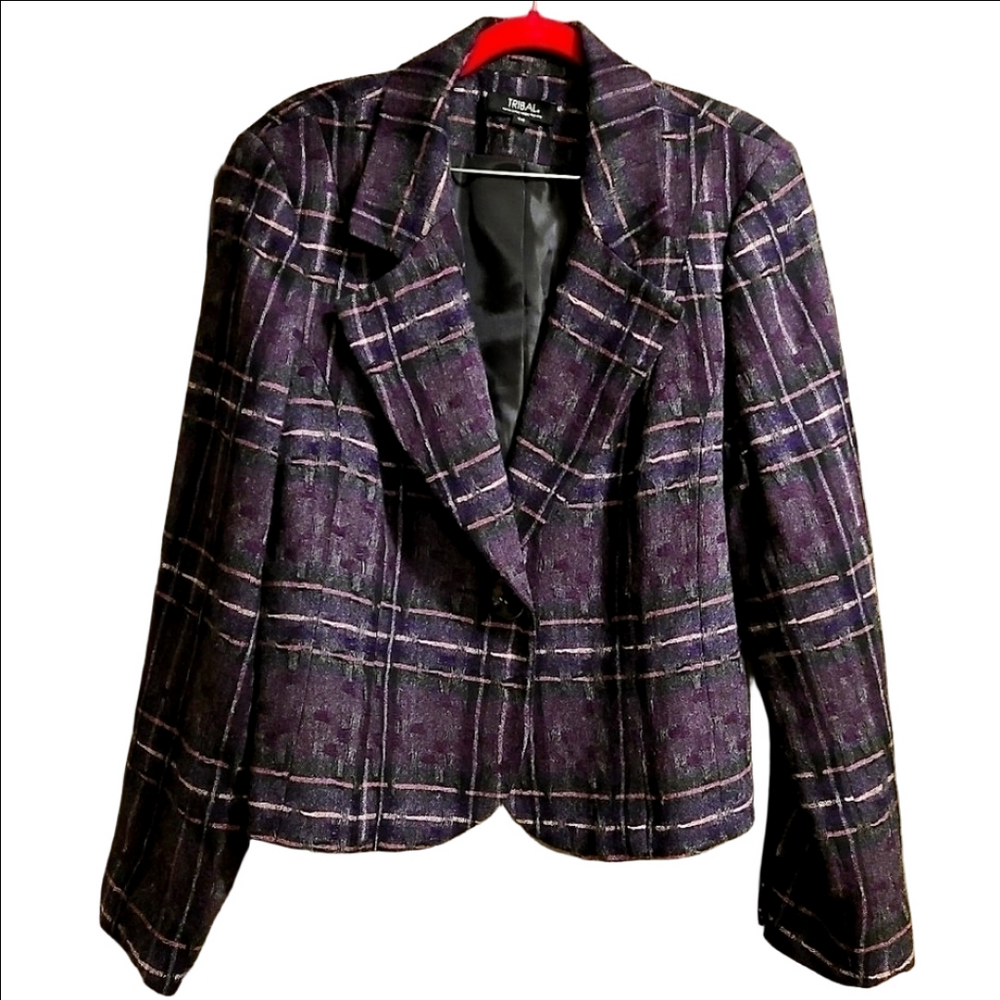 Tribal Tweed Striped Button Front Blazer Jacket Wool Purple Black Size 14